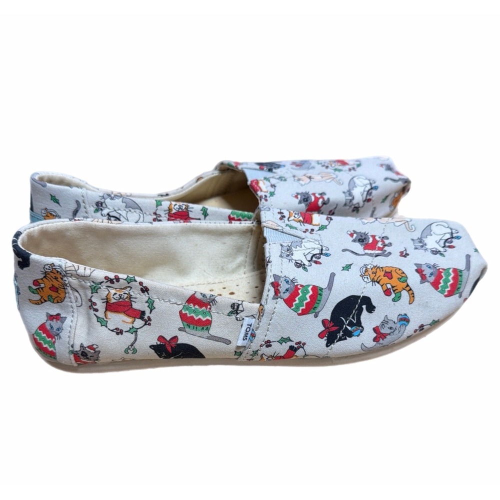 Toms Women's Shoes Belmont Holiday Cats Christmas Print Slip On Flats Sz 7.5